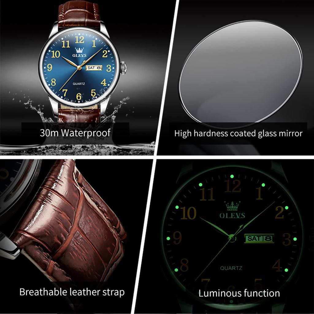 OLEVS Simple Stylish Waterproof Watch Date Analog Brown Leather Belt Watch Business Quartz Easy To Read Blue Dial Clock Gift Watch for Nam Casual