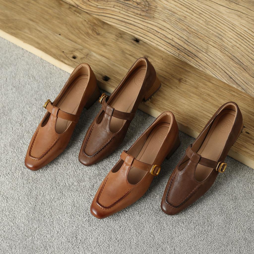 Krazing Pot Sheep Suede Square Toe Chunky Med Heels Summer Shoes Buckle Straps Women Pumps