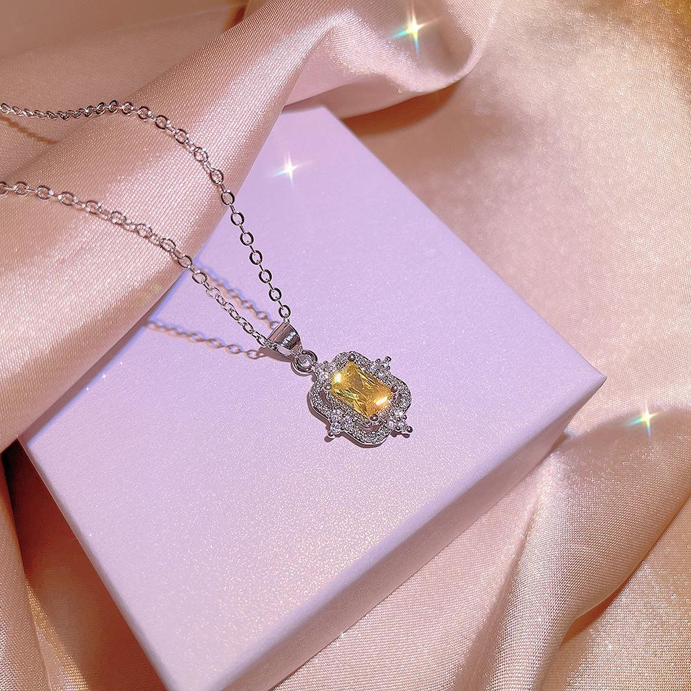 Новый квадратный кулон с желтым бриллиантом, микро-паве, серьги-пусеты, набор колье, женский, для коктейльной вечеринки, подарок на День святого Валентина