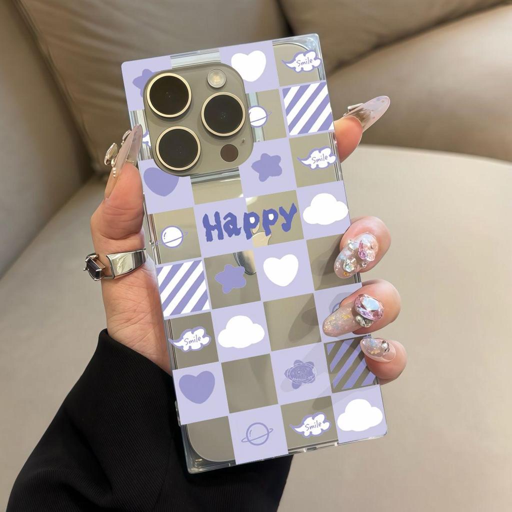 Square Back Tube Protection Clear Case For iPhone 14 Pro Max 12 13 16 ProMax 11 15 Plus Anti-Oxygen,Grid Love Pattern Casing