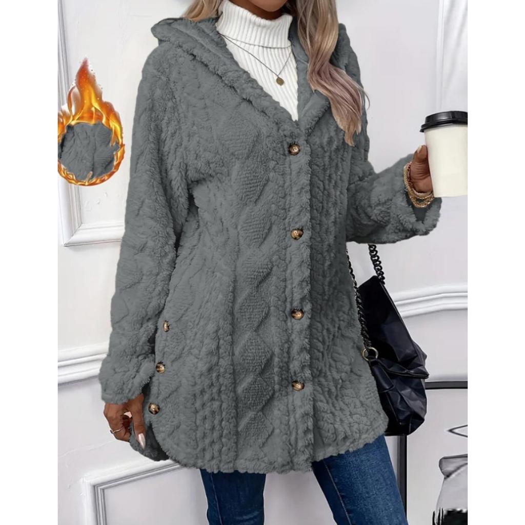 Hooded Solid Color Cardigan Button Up Long Sleeved Casual Fleece Jacket