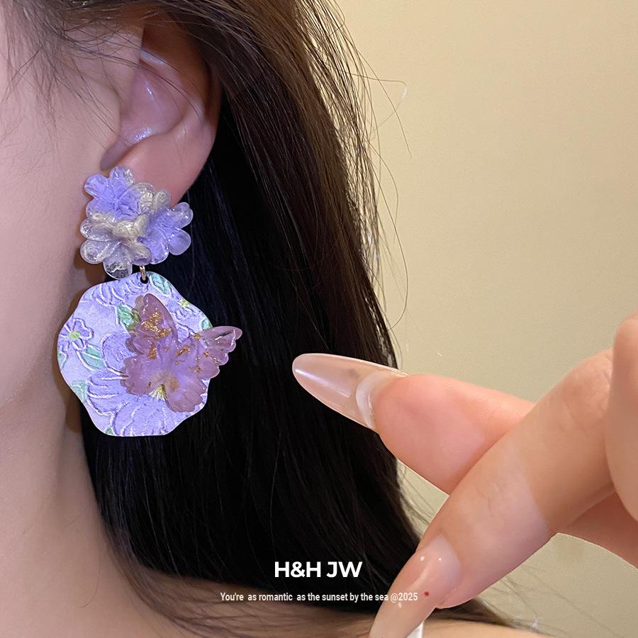 Серебряная игла смоляной цветок бабочка подвеска серьги простые модные пусеты легкая роскошь серьги с высоким чувством дизайна нишевые