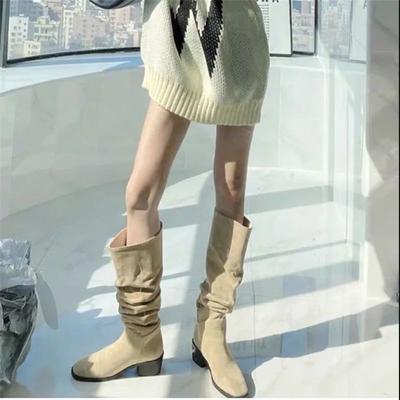 Рыцарские сапоги женские модные ретро замшевые на толстом каблуке остроносые высокие сапоги коричневые плиссированные с мехом европейские и американские сапоги обувь