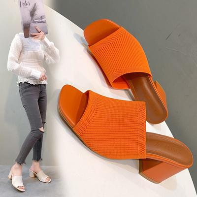 2025 Европейская и американская внешняя торговля новые женские туфли модные односложные толстые каблуки вязаные шерстяные высокие квадратные носовые тапочки