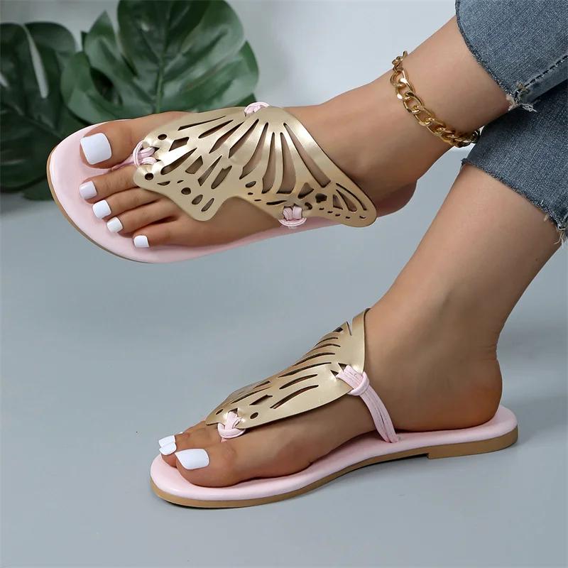 Мода 2024 Новый летний стиль Модные Удобные Элегантные Повседневные и Универсальные Шлепанцы на плоской подошве Простые Шлепанцы с перемычкой для пальца Форма бабочки