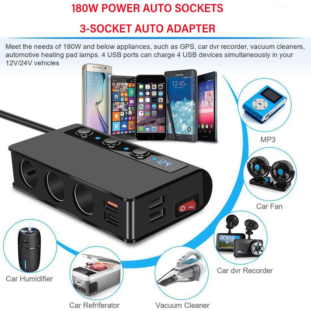 Автоматический разветвитель прикуривателя, автомобильное зарядное устройство QC 3.0 180 Вт, 12 В/24 В с 3 розетками, макс. 6,6 А, 4-портовая быстрая зарядка USB, независимые переключатели и дисплей напряжения