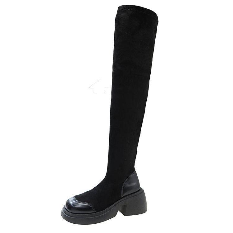 The Appearance Is Off The Charts! Small Fairy High-Heeled Thick-Soled Black Elastic Over-The-Knee Boots Woman