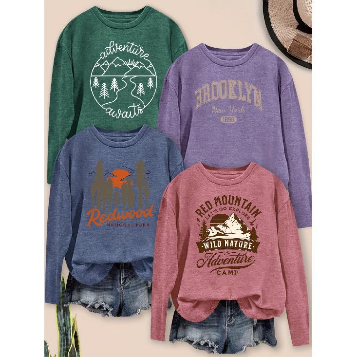 Women's Elegant Line-Shaped Scenic Letter Combination Pattern Print Round Neck Long Sleeve for Spring, Summer, Autumn, and Winter4Pieces T