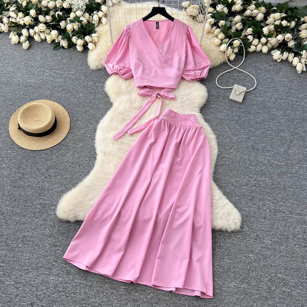 French Style Set with Women's Design Sense, Tie Up Waist, V-neck, Bubble Sleeve Shirt, High Waist, Big Swing Skirt, Two-piece Skirt Set