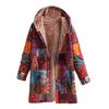 Women Winter Coat Vintage Ethnic Printing Patchwork Plush-lined Hooded with Pockets Mid Length