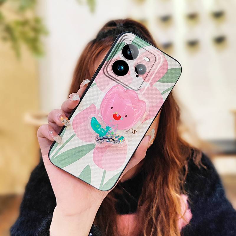 Противоударный Мягкий Чехол Чехол для Телефона Realme GT7 Pro Защита Объектива Телефона Грязеотталкивающий Зыбучий Песок Подставка Мультяшный ТПУ