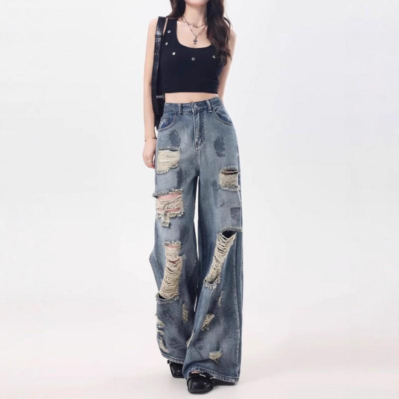 Distressed Ripped Jeans Men Women High Waist Straight Leg Loose Fit Denim Pants
