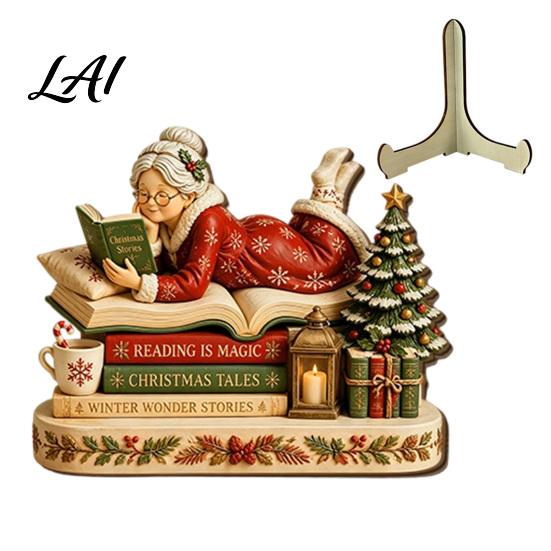 Rustic Christmas Door Sign Wooden Table Sign 2D Flat Santa Claus/Snowman Reading Desktop Ornament Festival Atmosphere Decor with Stand Holiday
