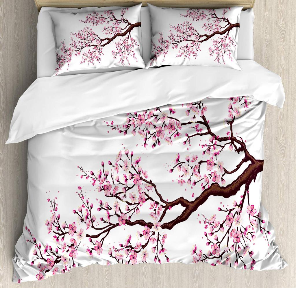 Cherry Blossoms Bedding Set Romantic Theme Pink Comforter Cover Set Duvet Cover Women Girls Couple Teen Soft Comforter,Full Size