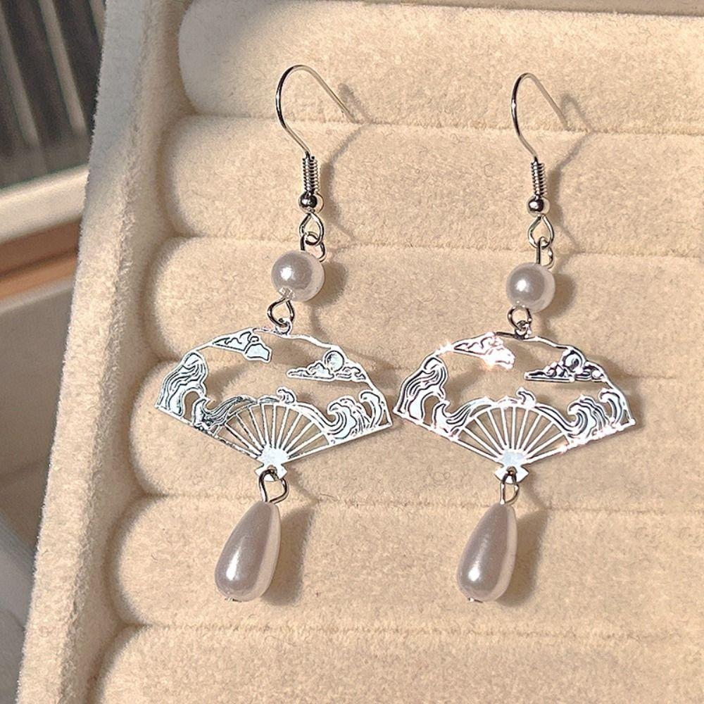 Серьги в форме веера в стиле ретро, креативные длинные серьги-кисточки, серьги-подвески с жемчугом для женщин