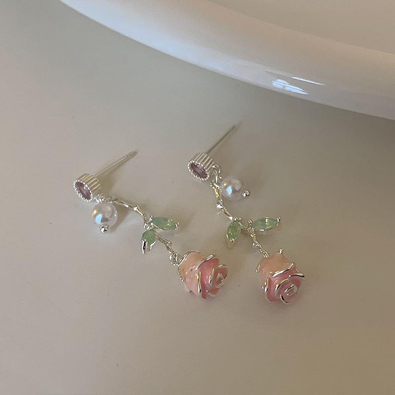 Элегантные серьги-пусеты с кисточками из розового циркона в виде розы для женщин - Высококлассный универсальный дизайн