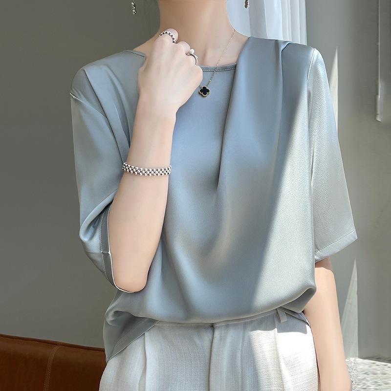 INDFS Women's Fashion Casual Summer Spring Solid Color Print 1/2 Sleevess O-Neck Blouses & Shirts