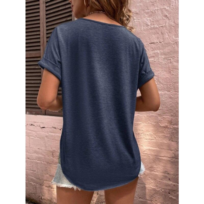 2023 Весна Повседневная футболка Летний топ Модная женская свободная футболка Офисная женская однотонная свободная рубашка с коротким рукавом на пуговицах Элегантная 26252