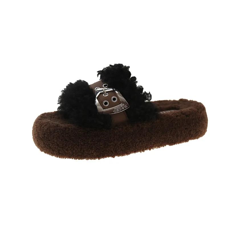 Fashion 2024 Winter Women's Thick Bottom Belt Buckle Slippers Outdoor New Round Head Warm Plush Cotton Slippers