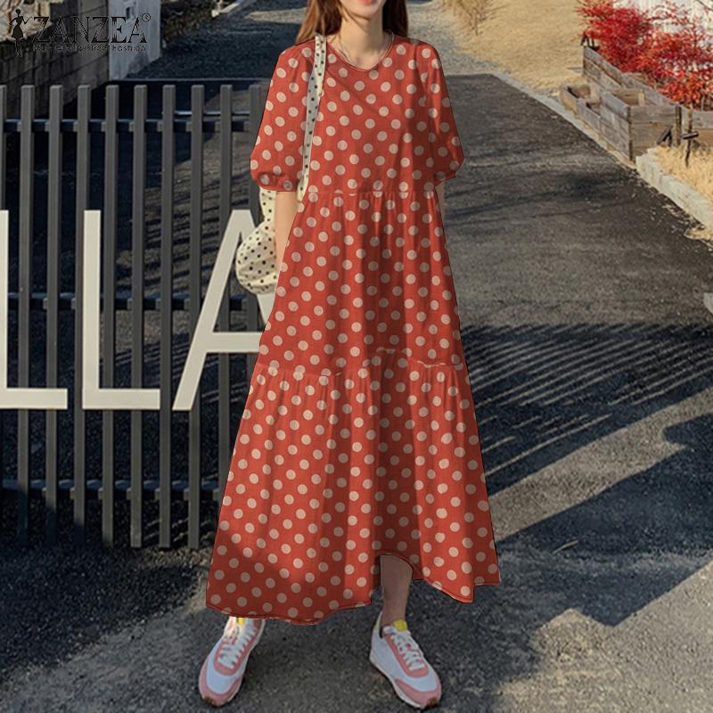 ZANZEA Женское повседневное платье с круглым вырезом и коротким рукавом в горошек