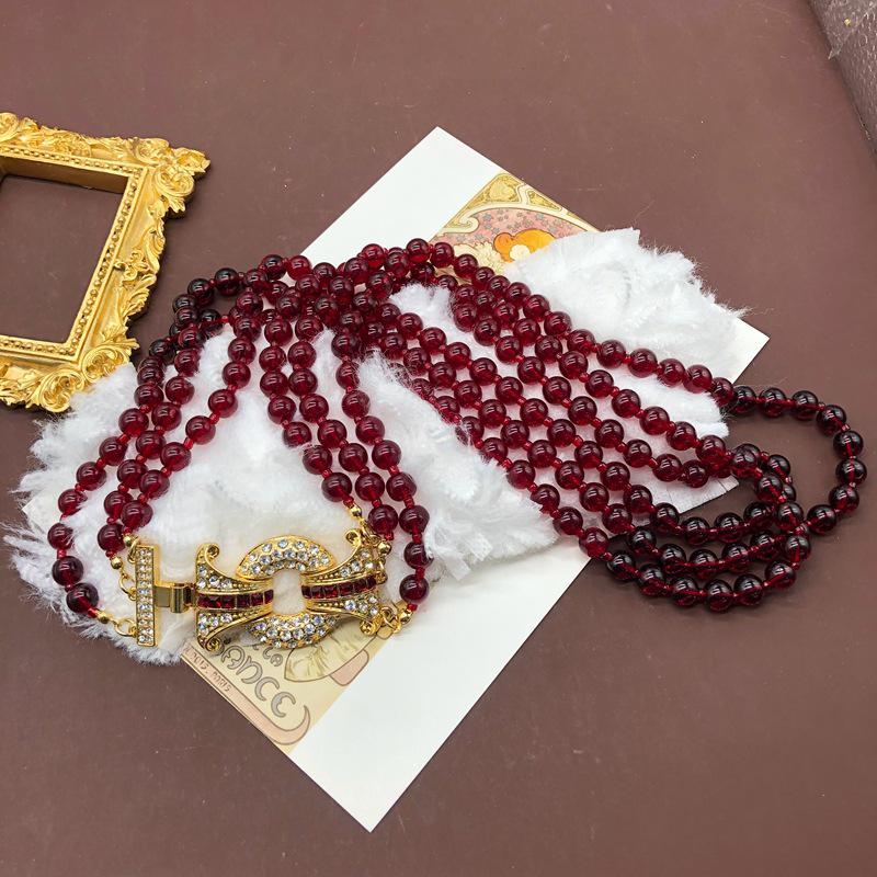 Винтажная многослойная цепочка для свитера из гранатово-красных стеклянных бусин и ожерелье-браслет со стразами