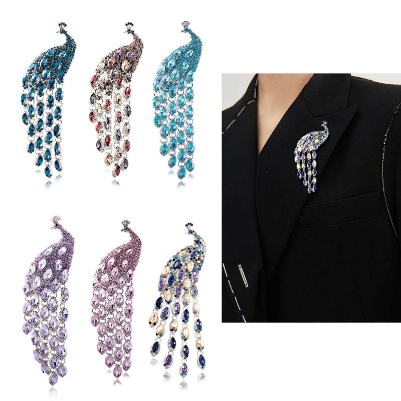 Elegant Long Tail Crystal Peacocks Brooch Party Jewelry Elegant Corsage Pin Alloy Texture Perfect for Wedding and Evening