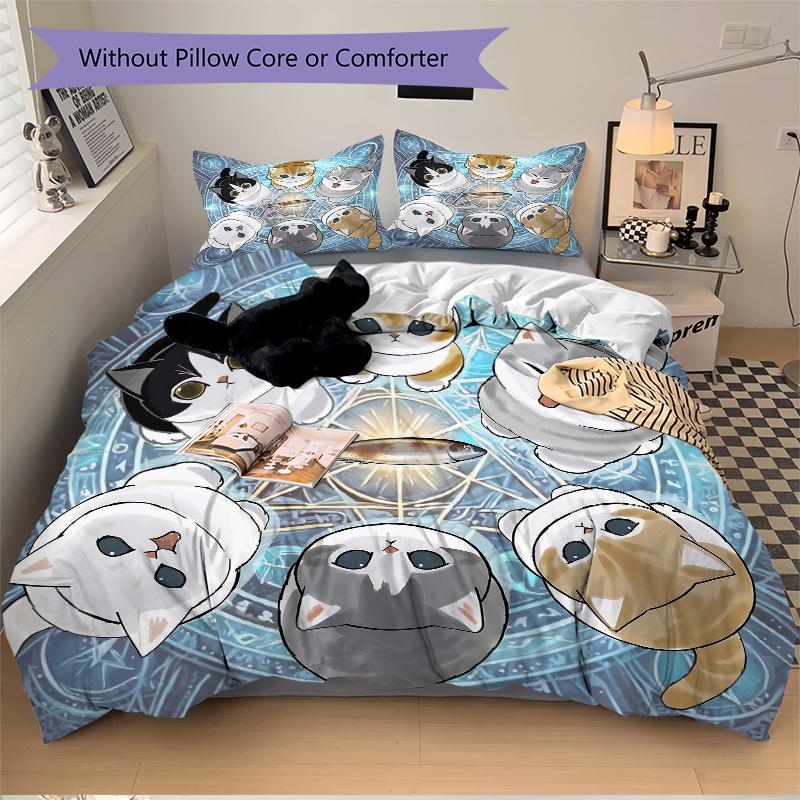 3pcs Six Cute Kittens Quilt Set - Soft and Comfortable Bedroom, Guest Room and Dorm Decor Bedding Set 1 Quilt Cover + 2 Pillowcases.L096