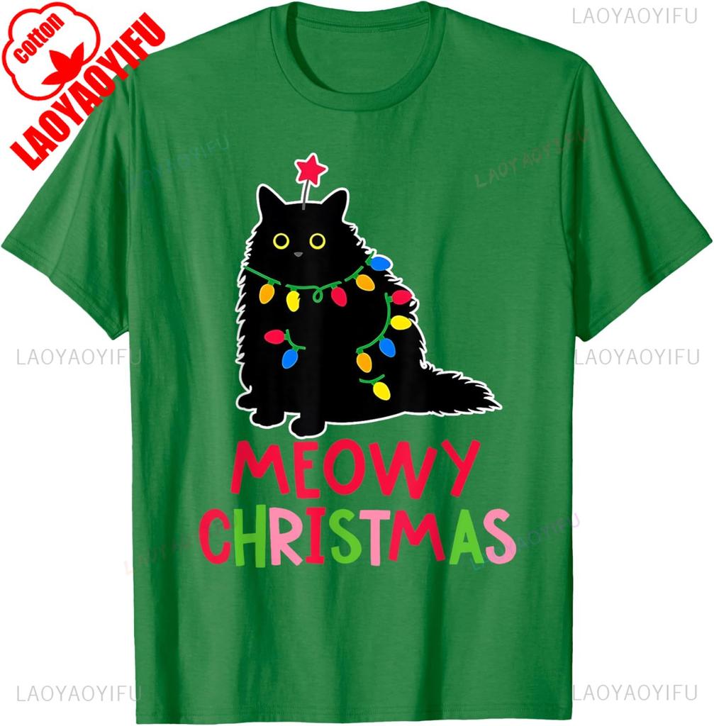 New Style Lovely Kawaii Meowy Christmas Xmas Lights Black Cat Pajamas Family Funny Unisex Unisex High Quality Cotton TShirt