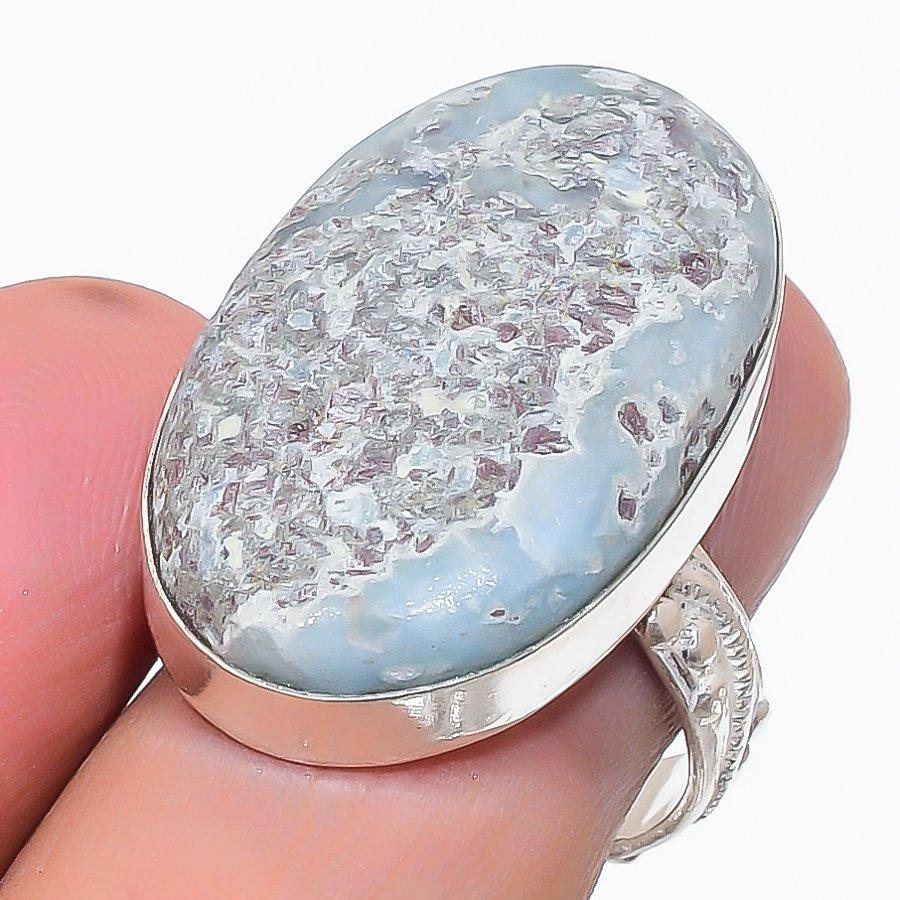 Natural Larimar Gemstone Handmade 925 Sterling Silver Jewelry Ring Size 7.5 k2F25