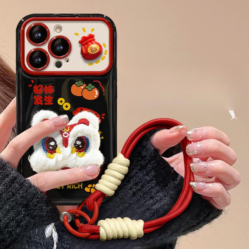 Подходит для Apple 15 Чехол для мобильного телефона iPhone 13/14promax Plush Lion Dance Lanyard 11/12 Flip Mirror Xr
