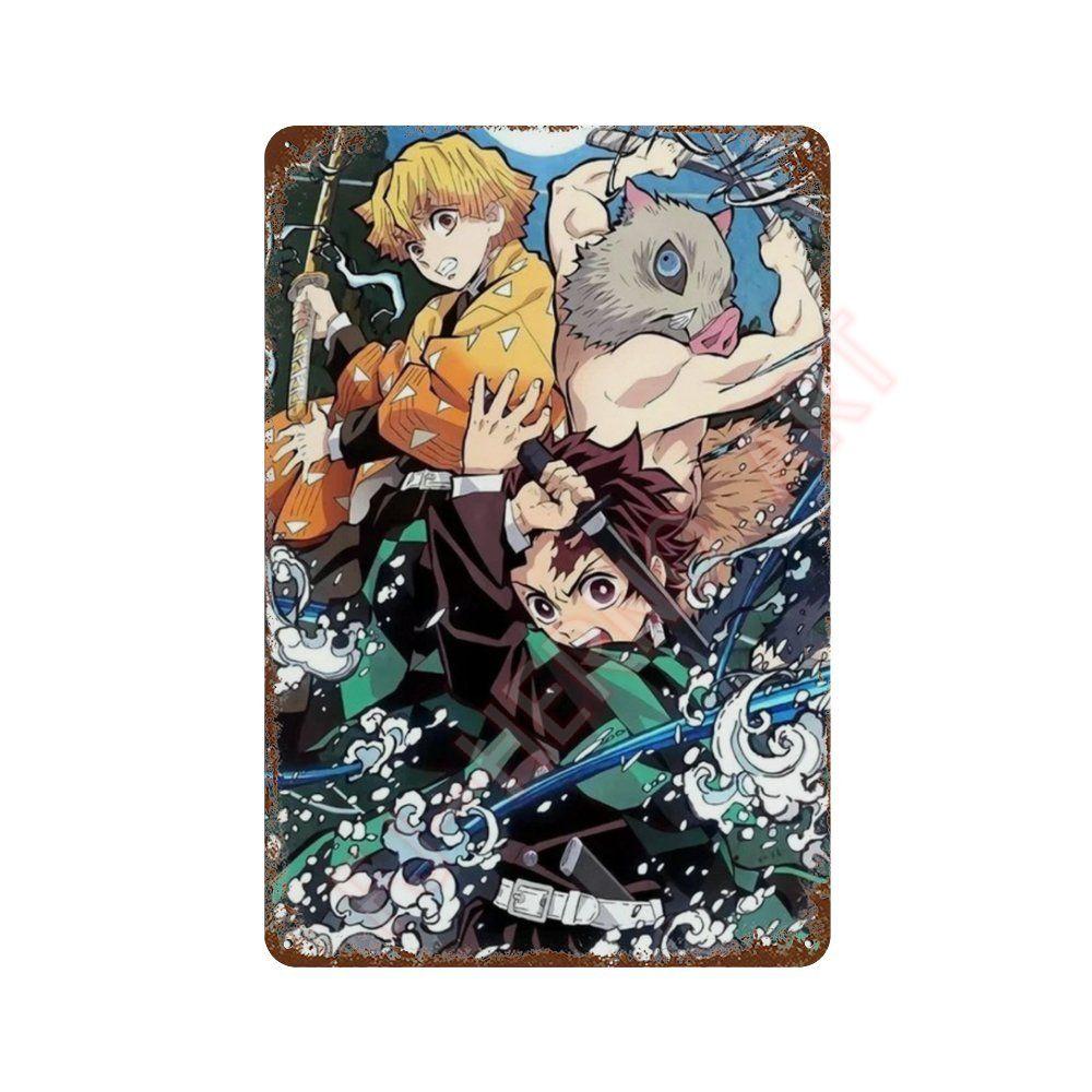 Classic Pop Anime Demon Slayer Kyojuro Rengoku Art Poster Metal Tin Sign Plaque Wall Plates for Living Room Modern Home Decor