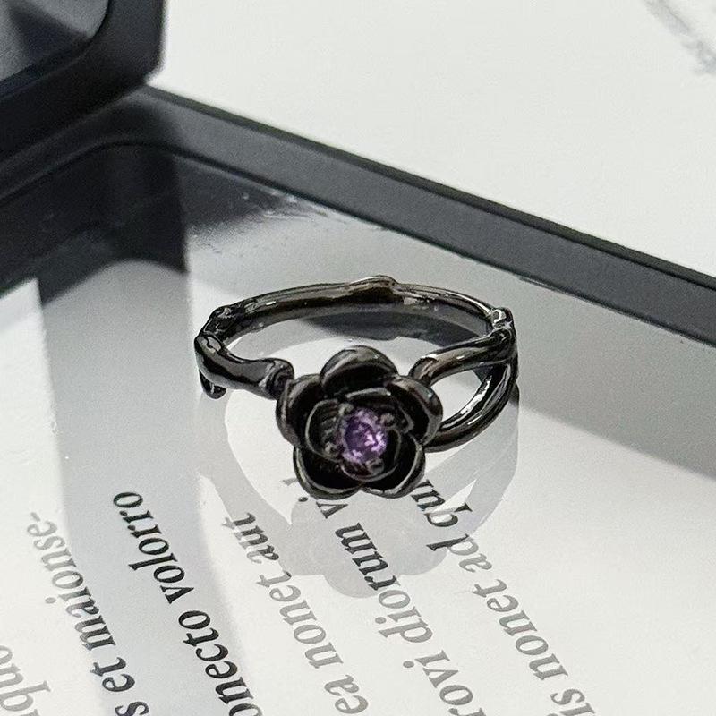 Винтажное кольцо с темной лозой, розово-фиолетовым бриллиантом, открытое кольцо-лепесток, нишевое, с высоким чувством стиля, простое кольцо