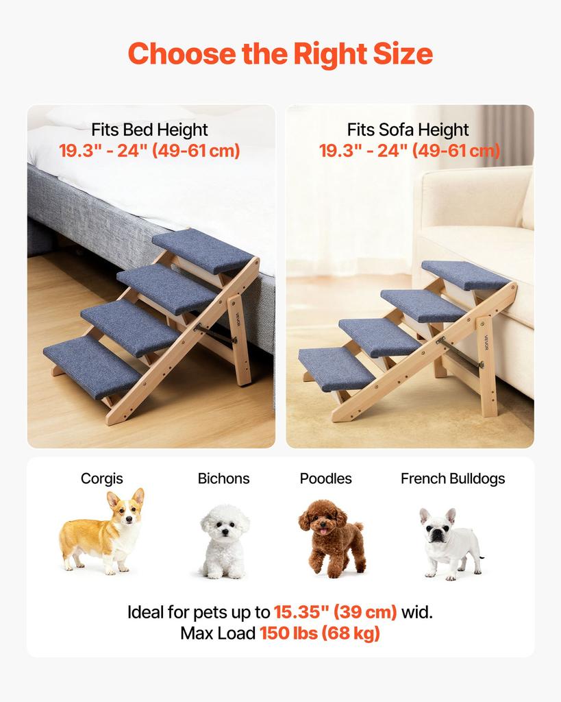 VEVOR Wood Pet Stairs, 4-Step Dog Stairs for Beds, Sofa & Cars, 68 kg Load Capacity, Floded Flat Design