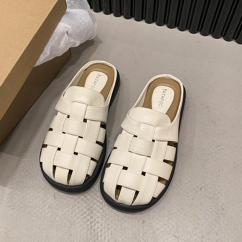 Полутапочки для женщин, лето 2024, новые римские сандалии с круглым носком и ажурным узором, женские шлепанцы на открытом воздухе, трендовый брендовый дизайн