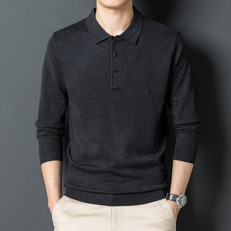 Осенне-зимний мужской свитер среднего возраста в деловом стиле с лацканами, длинный рукав, тонкая трикотажная основа, шерстяная рубашка-боди