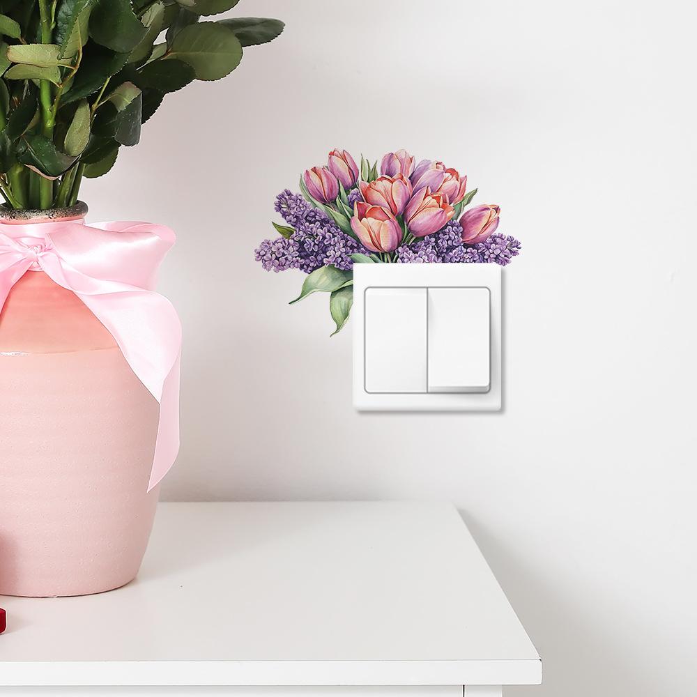 Самоклеящаяся съемная наклейка на выключатель с ручной росписью фиолетовых тюльпанов для спальни, гостиной, фона, домашнего декора