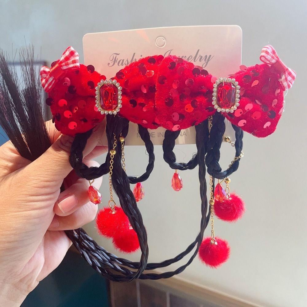 2 шт. Кисточка Детская заколка для волос Китайский стиль Парик Коса Заколка Сладкий Красный Бант Заколка для волос