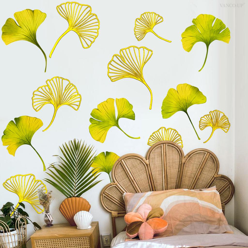 Tj11045 Hand-Painted Green Plant Ginkgo Biloba Leaf Bronzing Wall Sticker Decoration Children'S Room Bedroom Background Self-Adhesive Wall