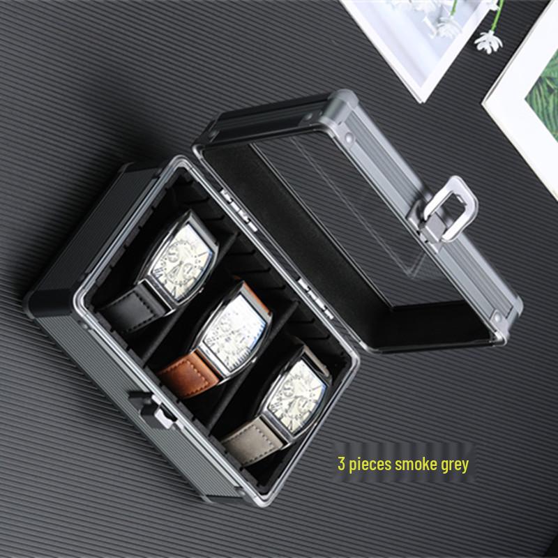 Многофункциональная коробка для часов и ювелирных изделий из алюминиевого сплава «Дымчато-серый» с прозрачной крышкой