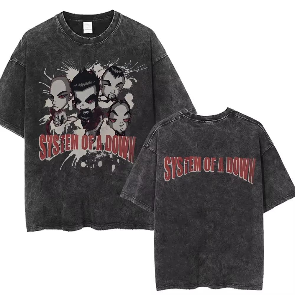 Washed Vintage System of A Down Tshirt Men Women Cotton Quality Short Sleeve Tees Male Rock Music Band Cartoon Graphic