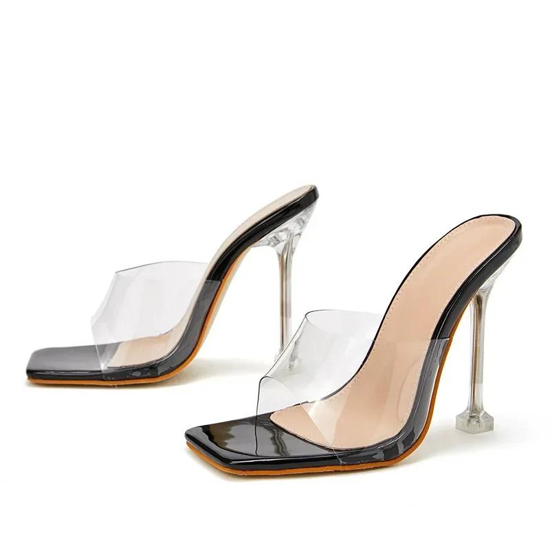 PVC Jelly Slippers Crystal Open Toe Perspex High Heels Crystal Women Transparent Heel Pumps Sandals Open Toe Shoes 2024