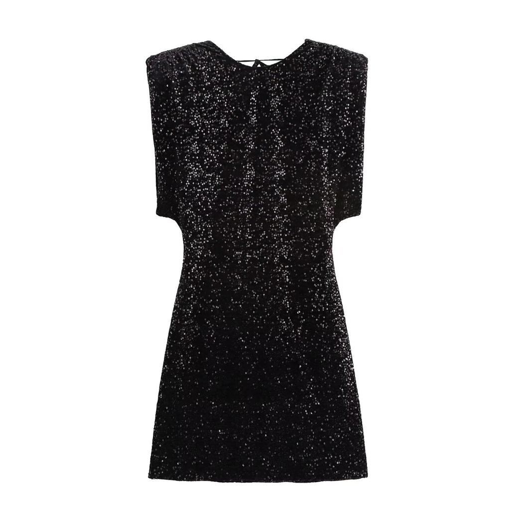Y2K Winter Black Sequin Mini Dress with Shoulder Pads - Sleeveless Evening Wear
