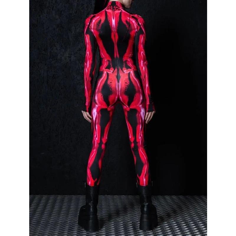 Женский Хэллоуин Комбинезон с длинным рукавом с цифровым принтом, облегающий боди, костюм для косплея