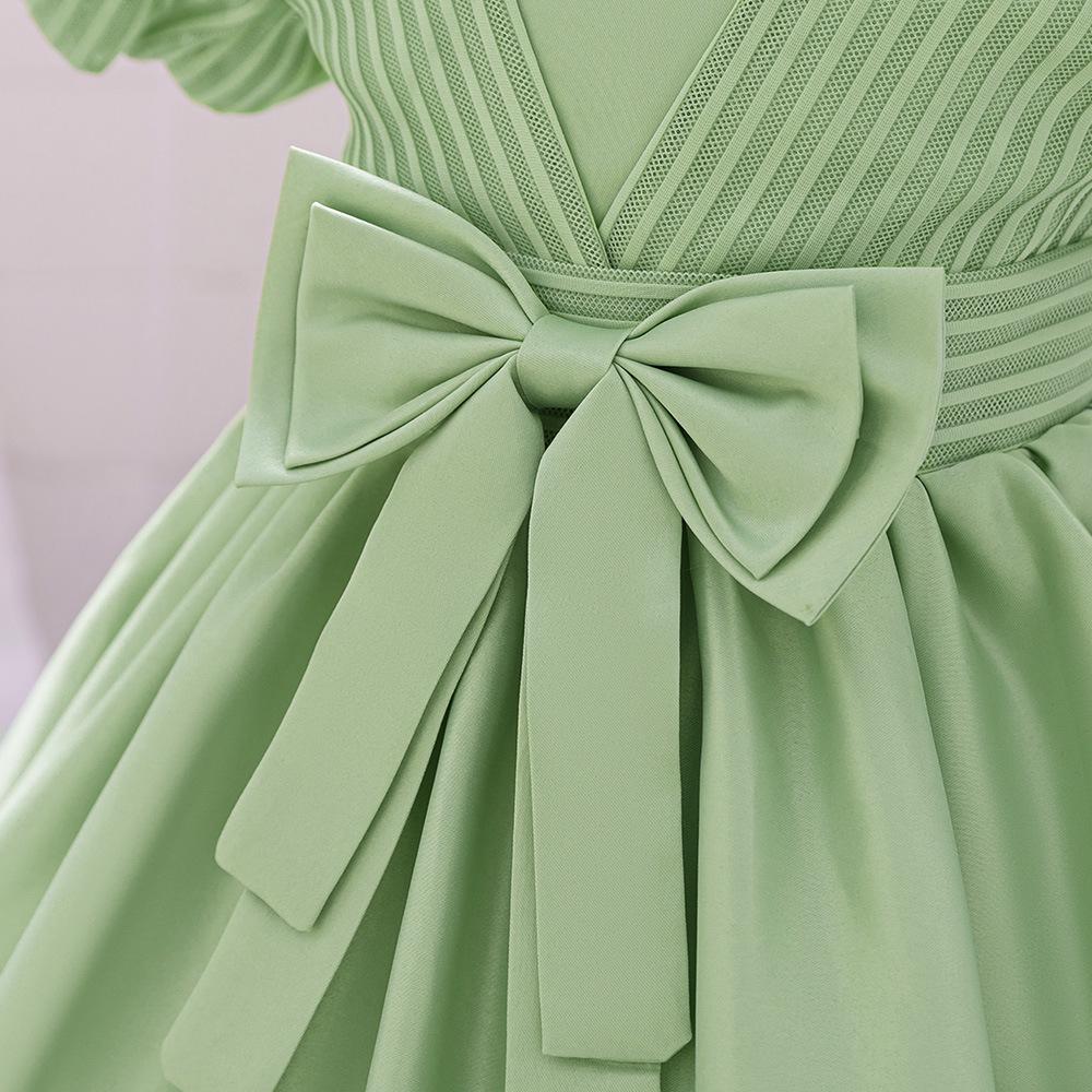 2025 Платье принцессы на первый день рождения для младенца девочки - Атласное платье с пышными рукавами и полосатым дизайном с бантом