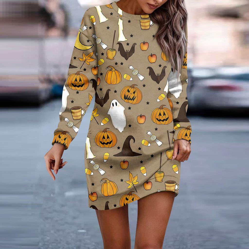 Women's Round Neck Halloween Printed Long Sleeve Hip Dress Sweatshirt Dresses