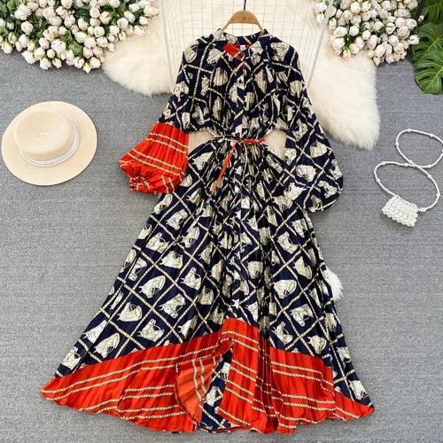 Платья Temperament Lantern Длинные рукава Круглый вырез Тонкий однобортный принтованное платье Элегантные винтажные шикарные женские платья