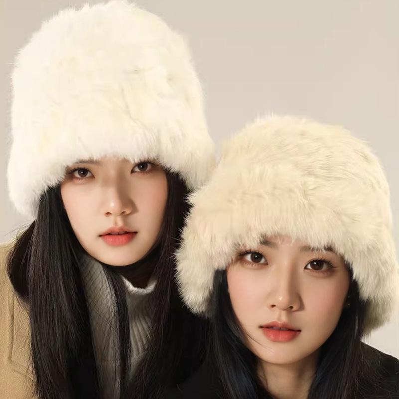 Rabbit Haired Hat Women's Face In Autumn and Winter Small Furry Plush Hat Warm Ear Protection Fur Big Head Fisherman Hat Trend