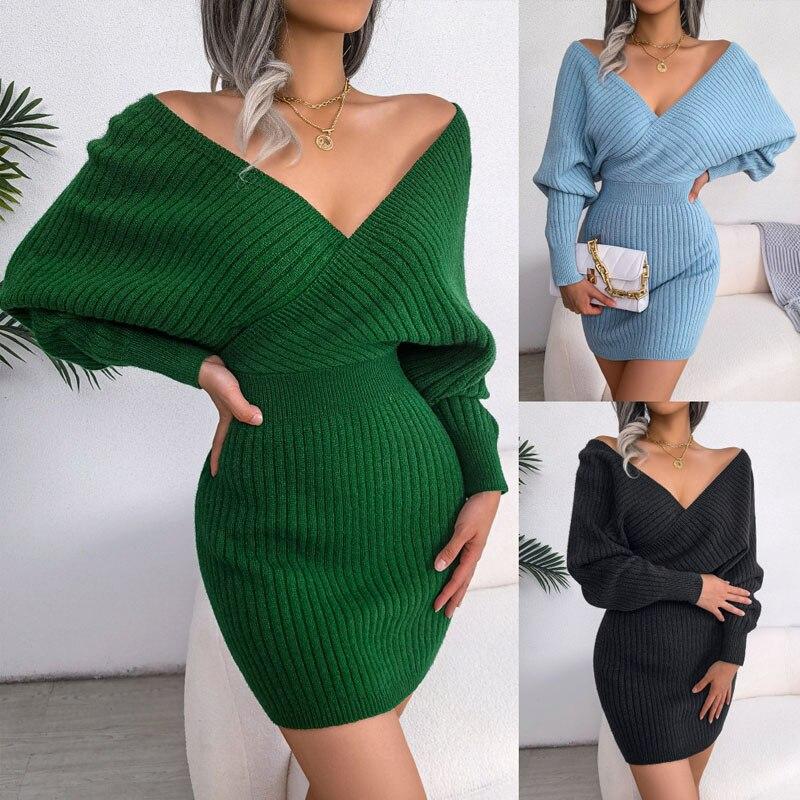 Модное зеленое платье-свитер с длинным рукавом, женское повседневное вязаное платье с v-образным вырезом и крестиком, женские осенне-зимние сексуальные платья 23849