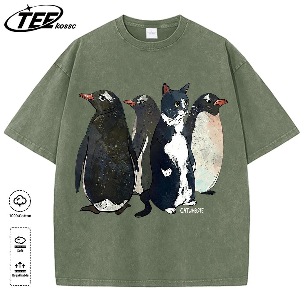 A cow cat imitating penguins catwheezie Washed T-Shirt Mens Summer Tee Cotton Fashion Short Sleeve Unisex Colour Soft Clothing