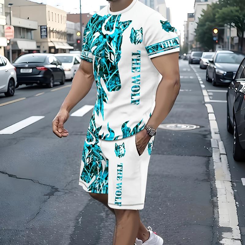 Мужской костюм, летний повседневный дышащий освежающий костюм с принтом 3D волка, свободный мужской топ, модный, короткие рукава